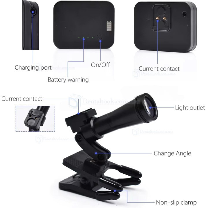 L&aacute;mpara LED dental de clip de 5W con 2 bater&iacute;as magn&eacute;ticas y hasta 60000lux